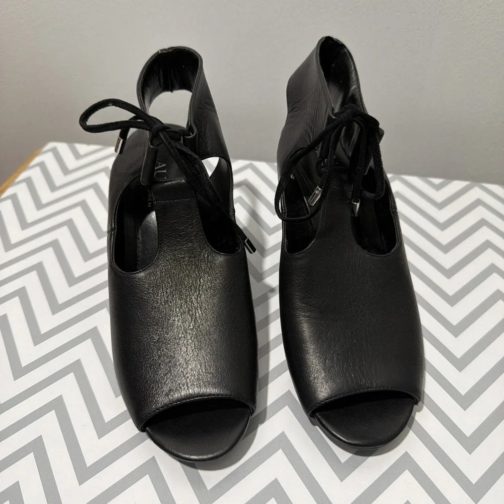Lauren Ralph Lauren Alayna Wedge Sandals Black Cow Leather Shoes Women's Sz 6B